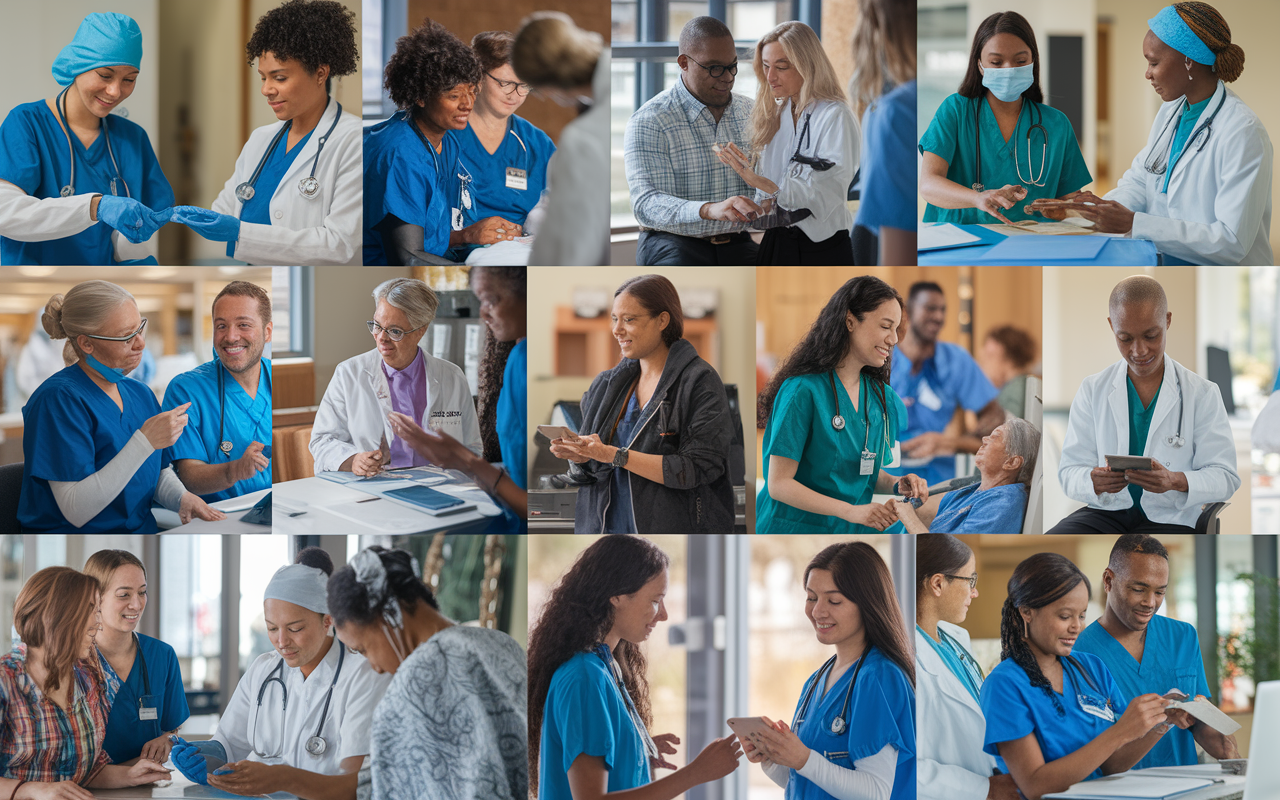 A collage of IMGs actively engaging in various healthcare settings, illustrating the diverse externship experiences across different programs. The vibrant scenes depict IMGs collaborating with U.S. healthcare professionals, participating in patient care, and taking part in educational workshops. This dynamic image captures the journey of IMGs gaining valuable experience in the U.S. healthcare landscape.