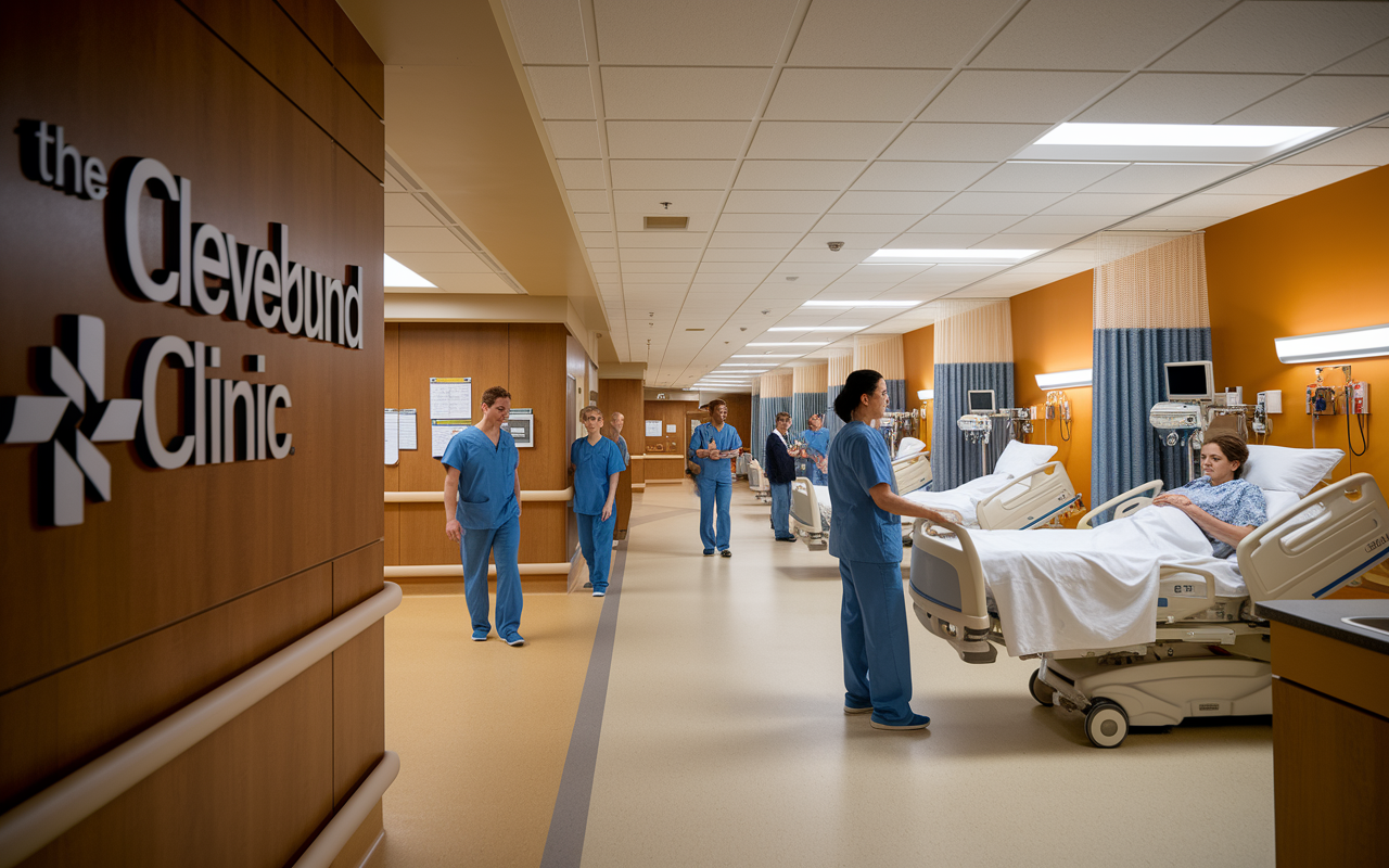 A glimpse inside the Cleveland Clinic, showcasing an IMG shadowing a physician during patient rounds. The well-lit corridor is bustling with healthcare staff. The environment is respectful and professional, highlighting interactions with patients in comfortable hospital rooms. Warm, inviting lighting enhances the sense of care and compassion, with medical charts and advanced equipment visible.