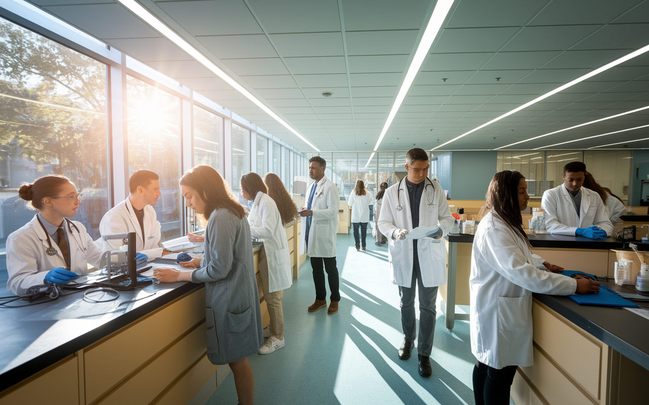 An inspiring scene at UCLA Health, featuring IMGs engaged in clinical activities and research discussions with faculty. The modern laboratory setting is filled with advanced medical technology and diverse students collaborating on clinical cases. Bright sunlight filters in through large windows, highlighting the innovative and supportive educational environment.