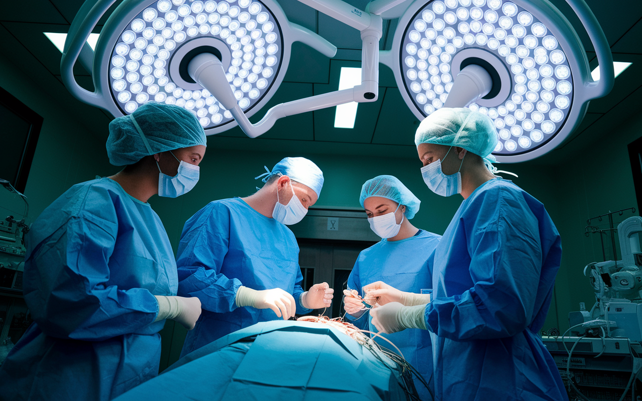 A striking visual of an IMG observing a surgical procedure at Johns Hopkins Hospital. The operative theater is bustling with activity, bright surgical lights illuminating the precision and focus of the medical team. The image captures the tension and excitement of medical innovation, showcasing the eagerness of IMGs to learn from world-class faculty during their externship experience.