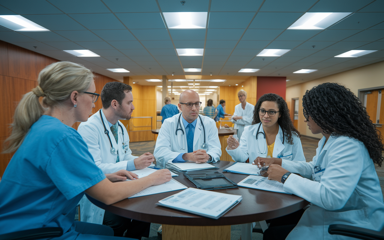 The vibrant scene at Mount Sinai Health System where IMGs are involved in both clinical and research activities. The atmosphere is dynamic, with students discussing diagnostic procedures and reviewing patient cases around a round table with medical charts and research materials. Soft, warm lighting creates a welcoming environment that emphasizes collaboration and the exchange of knowledge.