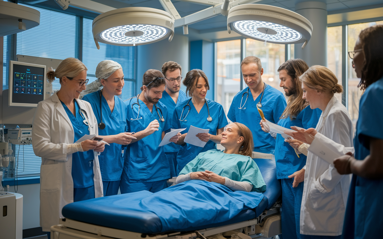 A collaborative group of IMGs engaged in an educational workshop at Brigham and Women's Hospital, surrounded by state-of-the-art medical equipment. The atmosphere is filled with enthusiasm and learning, with participants being guided by experienced physicians. Soft daylight streaming in creates an inviting and inclusive learning environment.