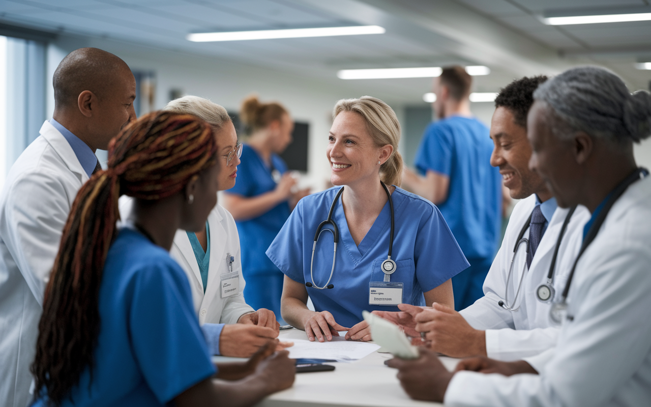 An engaging scene at Intermountain Healthcare, where IMGs are part of a technology-infused patient care team. The modern clinical setting showcases team meetings and discussions involving advanced healthcare technologies aimed at improving patient outcomes. The atmosphere reflects teamwork and the integration of empathy in medicine.