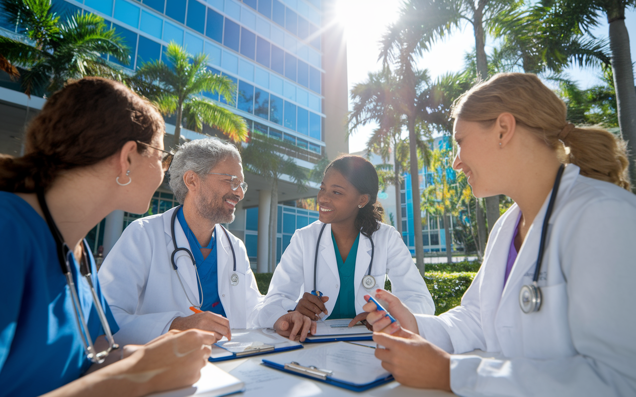 A lively setting at the University of Miami's Miller School of Medicine, where IMGs participate in clinical discussions against the backdrop of a tropical and culturally diverse environment. The sun shines brightly, and students are seen collaborating with mentors while surrounded by research materials and medical equipment, embodying the spirit of multicultural patient care.