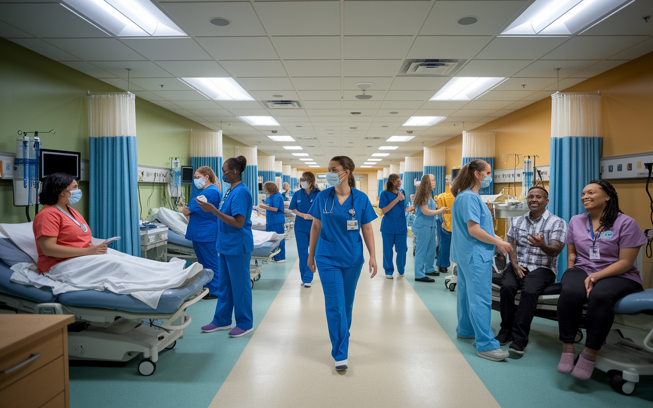 An engaging clinical day at Florida International University, where IMGs are hands-on with diverse patients in a community healthcare setting. The atmosphere is bustling with activity, showcasing healthcare teams working together to offer empathetic care. Bright hospital lighting enhances the scene filled with rich cultural interactions and learning opportunities.