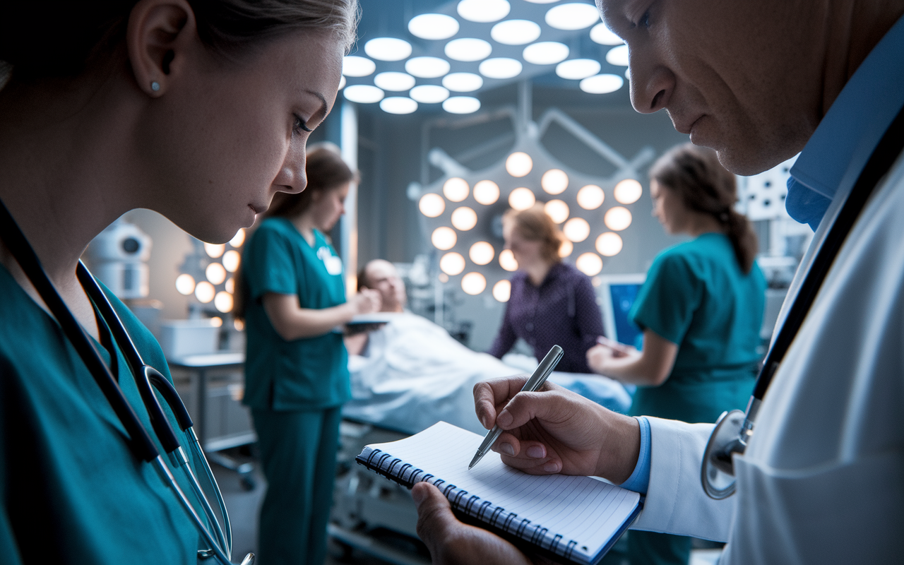 A close-up scene of an observership in a clinical setting. An IMG is quietly observing a physician examining a patient, taking notes in a small notebook. The room is filled with medical equipment, supportive staff in scrubs, and an engaged patient. The atmosphere is serious yet professional, illuminated by soft overhead lights that create a warm and inviting learning environment.