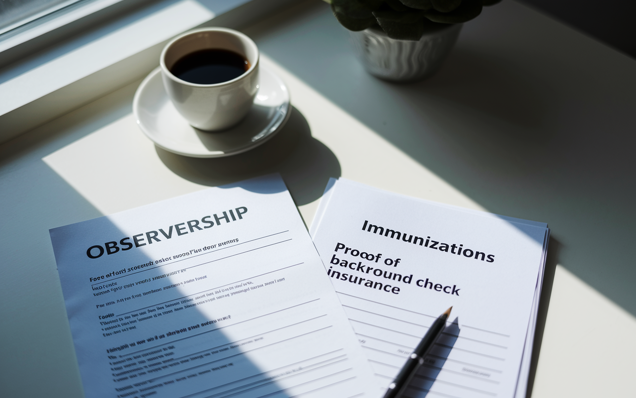 A neatly organized table displaying essential documents for an observership: proof of immunizations, a background check form, and liability insurance papers. A cup of coffee sits nearby, giving the scene a focused atmosphere. Sunlight filters through a window, casting light on the neatly arranged papers, symbolizing preparation and readiness.