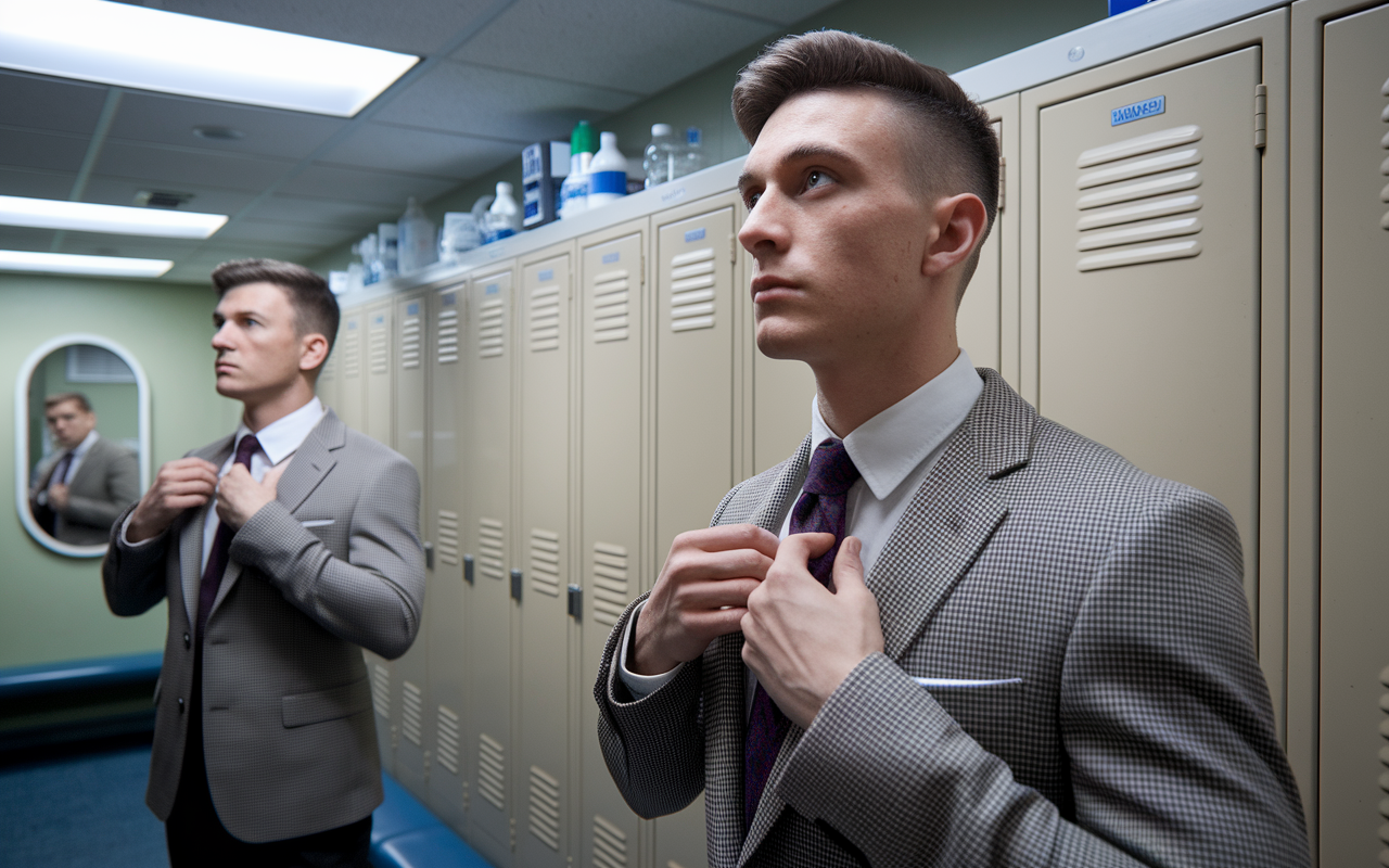 A thoughtful IMG adjusting a tie or smoothing a blazer in a hospital locker room before starting their observership. The scene captures the essence of professionalism, with lockers, medical supplies, and a mirror reflecting the determination in their eyes. The lighting is bright, enhancing the professionalism and preparation for the day ahead.