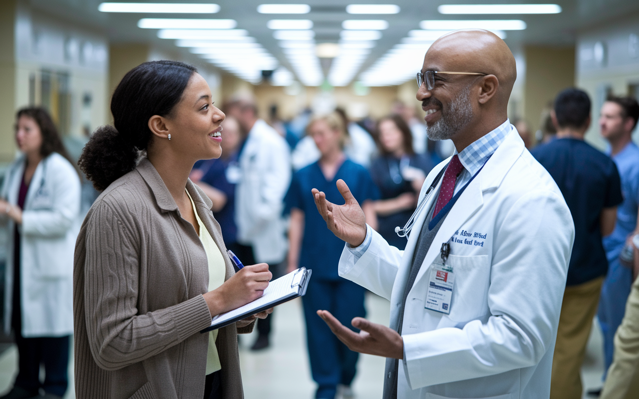 An IMG engaged in a conversation with an attending physician in a bustling hospital setting. The physician, radiating warmth and approachability, is sharing insights with the IMG, who is taking notes enthusiastically. The backdrop shows a dynamic hospital environment filled with healthcare professionals and patients, symbolizing connection and mentorship opportunities.