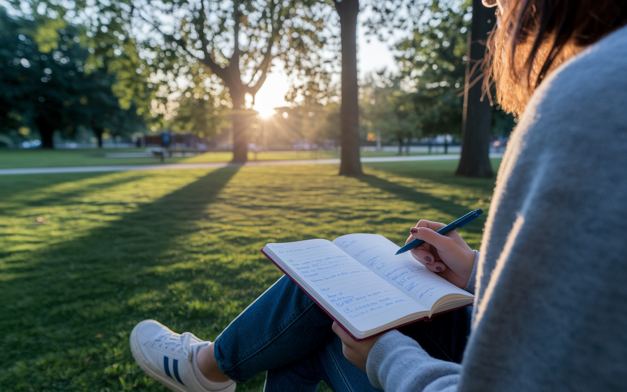 An IMG sitting quietly in a park, reflecting on their observership experience, with a notebook open beside them filled with notes and insights. The sun is setting, casting a golden hue over the scene, reflecting a sense of accomplishment and contemplation. Trees and greenery surround the park area, symbolizing growth and the journey ahead.