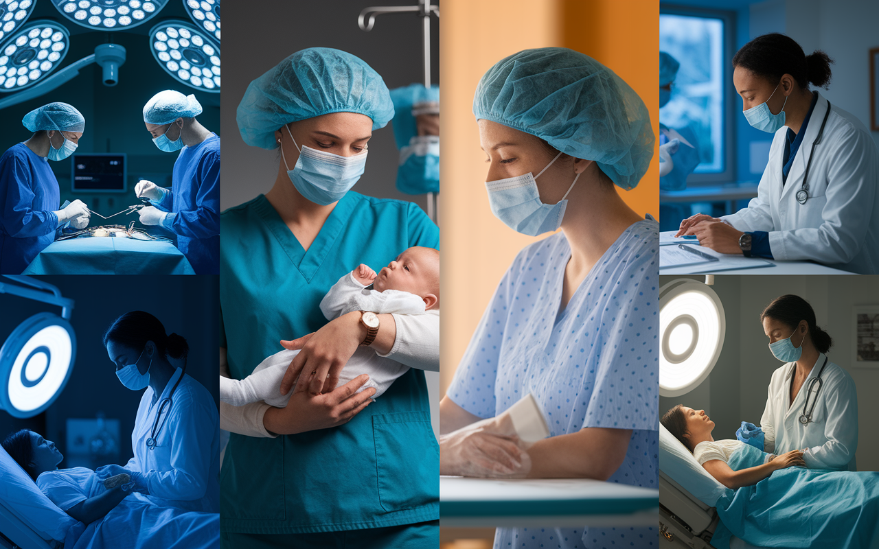 A collage showcasing various clerkship phases featuring diverse specialties: a surgery room with surgeons performing an operation, a pediatric ward with a caring nurse holding a baby, a psychiatry setting with a doctor listening attentively to a patient, and an obstetrics scene with a physician assisting in childbirth. Each vignette is bathed in appropriate lighting to reflect the unique atmosphere: bright and sterile for surgery, soft and warm for pediatrics, calming for psychiatry, and joyful for obstetrics. The depiction highlights the hands-on experience across specialties.