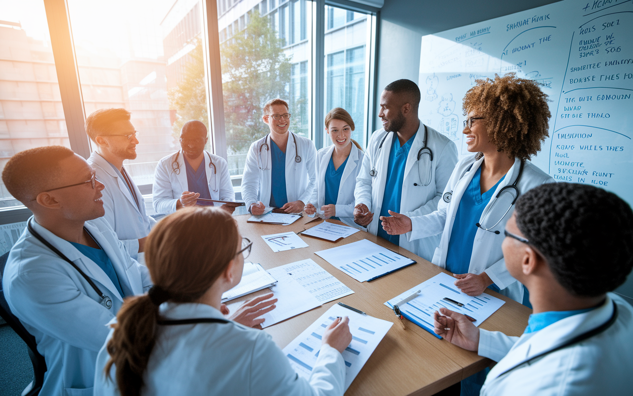 A vibrant scene depicting an IMG actively participating in team discussions during a morning meeting in a hospital's conference room. The diverse team of doctors and residents, engaged in conversation, is surrounded by medical charts and a whiteboard filled with notes. The atmosphere buzzes with energy, illustrating enthusiasm and collaboration, with sunlight pouring through large windows into the room, giving a hopeful and motivating vibe.