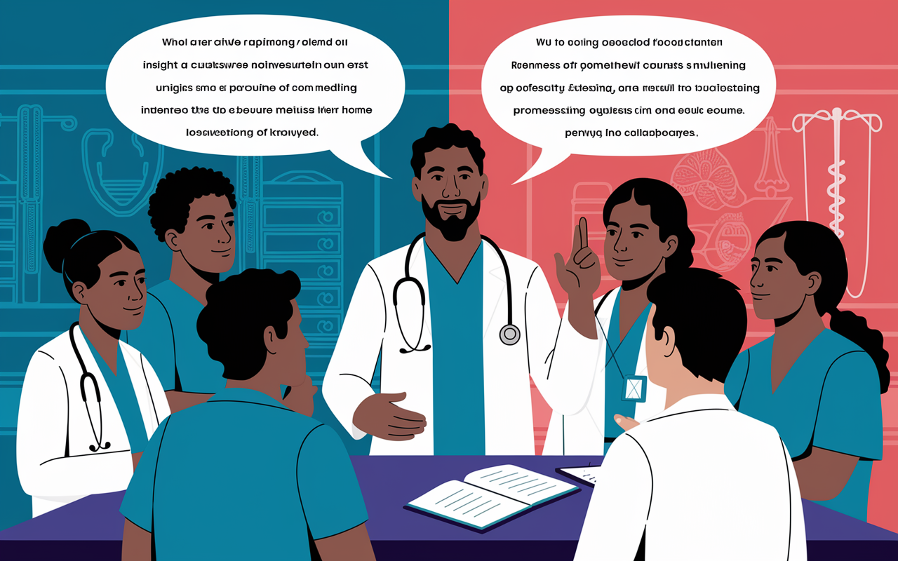 An International Medical Graduate sharing a cultural insight in a vibrant discussion with a diverse group of healthcare professionals in a hospital setting. The IMG is animated as he mentions a unique medical practice from their home country, with others listening attentively, intrigued. The backdrop of the room features a blend of modern medical equipment and cultural decor, reflecting diversity and a mutual exchange of knowledge. The colors are warm and inviting, promoting openness and collaboration.