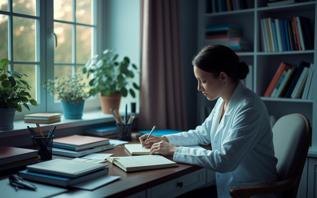 A quiet scene of an International Medical Graduate sitting at a desk in a calm study, journaling their reflections after a clerkship. The desk is filled with notes and textbooks, and a window provides natural light that casts a soft glow over the room. The IMG looks contemplative as they write, capturing key experiences, challenges, and aspirations. The atmosphere is serene and focused, inspiring a sense of growth and self-discovery.