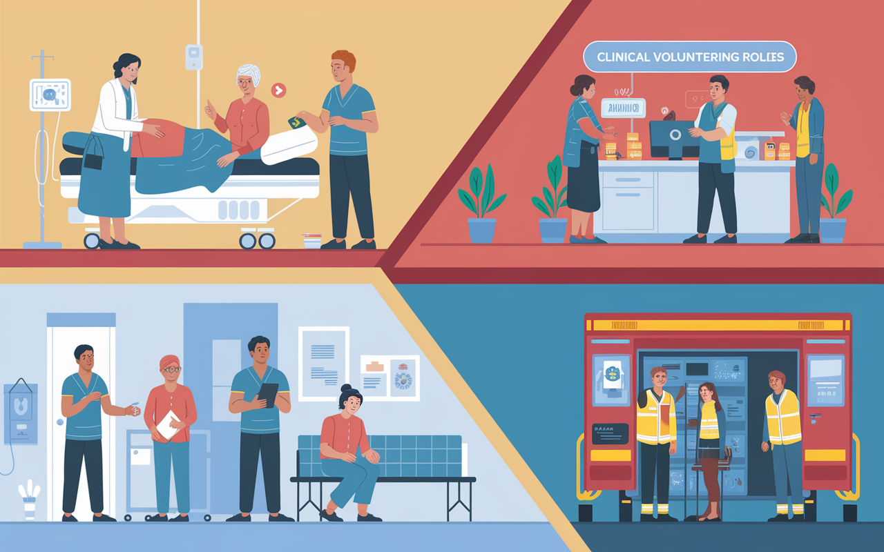 A split-scene illustration showing various types of clinical volunteering roles. One side shows a hospital volunteer assisting nurses in patient care, another side depicts a clinic volunteer at a registration desk helping patients, while the third side features an emergency services volunteer preparing equipment at a community event. The scene is vibrant and conveys teamwork and community spirit, set against a warm, inviting color palette.