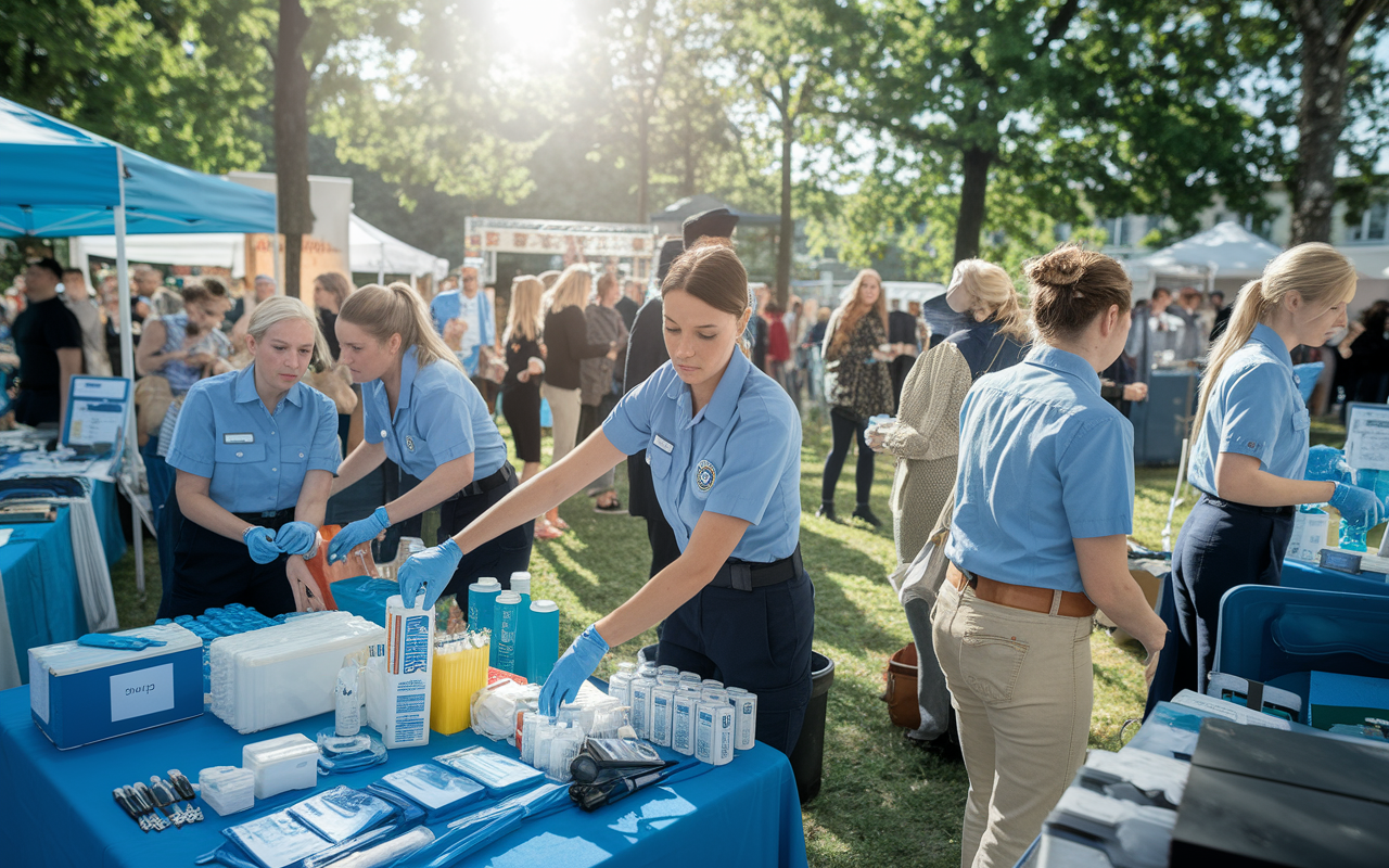 An active outdoor scene depicting a group of emergency services volunteers setting up for a community health event. They are organizing medical supplies and equipment, wearing uniforms and looking focused. The environment is bustling with activity, showing people engaging in conversation, informational booths in the background, and a sunny day overhead, symbolizing community involvement and responsiveness.