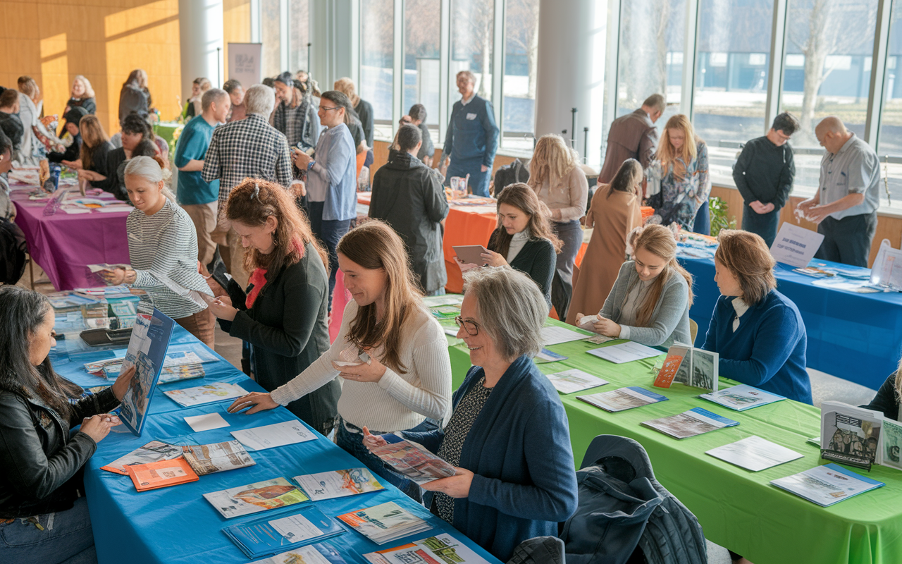 A lively community volunteer fair with different organizations showcasing their programs. Tables are set up with colorful banners, volunteers engaging with attendees, and informational brochures. People of all ages are exploring opportunities, with an inviting atmosphere of enthusiasm and hope. Natural light streaming in, conveying a sense of community spirit.