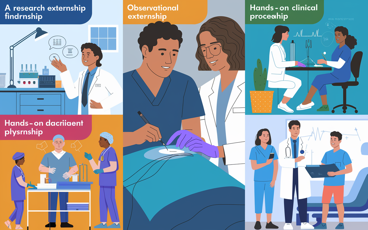 An engaging collage showing different types of externships for IMGs: a research externship with a researcher discussing findings in a lab, observational externship with an IMG watching a surgical procedure, and hands-on clinical training with an IMG actively participating in patient care alongside a licensed physician. The scene is vibrant, showcasing the diverse opportunities available to IMGs in a medical setting.