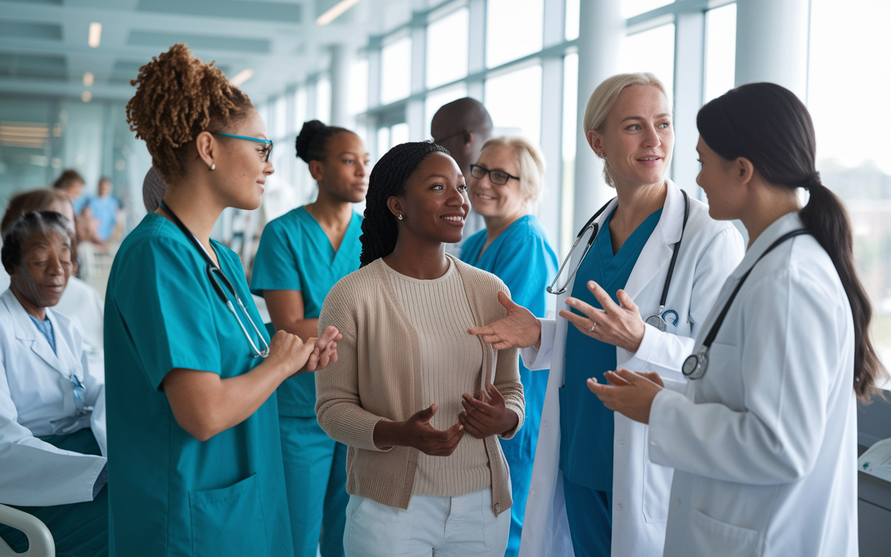 A scene in a busy hospital where IMGs are engaging with diverse patients and healthcare professionals. The atmosphere is one of collaboration and learning, with a physician explaining local medical practices to IMGs. Bright, natural light streams through windows illuminating the soft interactions, showcasing camaraderie and cultural exchange in a healthcare environment.