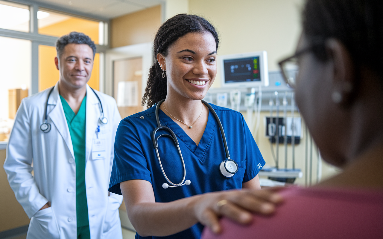 A poignant moment showcasing Maria, an IMG from Brazil, engaging with a patient in a community hospital. In the background, her supervising physician watches with a supportive demeanor, highlighting the mentorship dynamics. The room is bright with clinical equipment around, symbolizing her growth and the pivotal role of the externship in her career. Soft, warm lighting enhances a sense of achievement and connection.