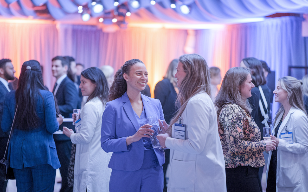 An inspiring visual summary of an IMG networking event, where diverse medical professionals interact, share experiences, and exchange contact information. The setting is vibrant with a modern decor, emphasizing collaboration and professional growth. Soft, inviting lighting creates an atmosphere of camaraderie and support, showcasing the importance of relationships in the medical field.