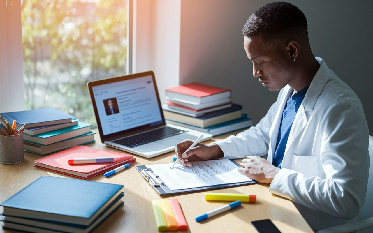 A focused international medical graduate sitting at a well-organized desk, diligently crafting a CV and cover letter for their residency application. The desk is cluttered with medical books, highlighters, and a laptop displaying a professional LinkedIn profile. Sunlight streams through a nearby window, creating a warm and motivating atmosphere that highlights the importance of preparation and dedication in the application process.