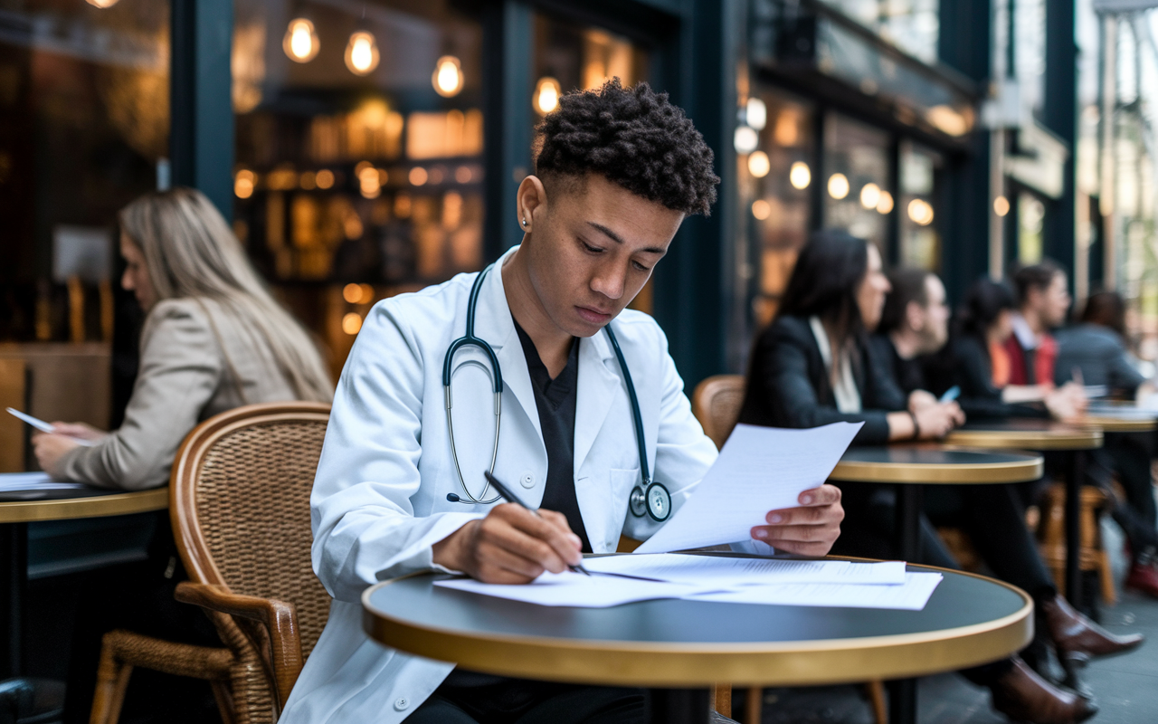 A determined international medical graduate sitting at a small café table, thoughtfully reviewing rejection letters while jotting down notes and plans for future applications. The café has a cozy ambiance, with warm lighting and other patrons engaged in conversation. The expression on the IMG’s face shows a mix of disappointment but also resolve and hope, capturing the perseverance required in navigating their career path.