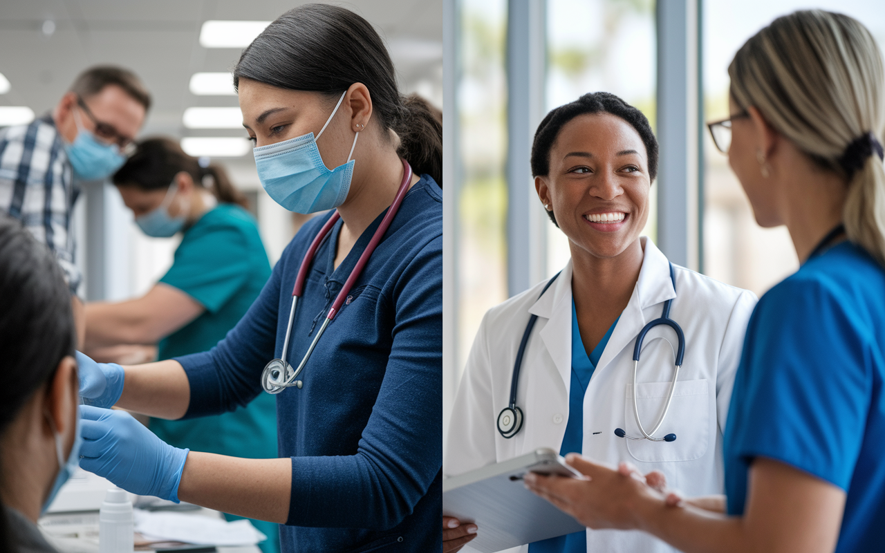 A split image showing two scenes: on one side, an IMG engaging in hands-on patient assessments in a clinical setting, and on the other side, the same IMG sharing a moment with healthcare professionals, highlighting networking and mentorship opportunities. The first scene is filled with action, showing medical equipment and patient interaction, while the second scene captures a relaxed conversation, exuding warmth and professionalism.