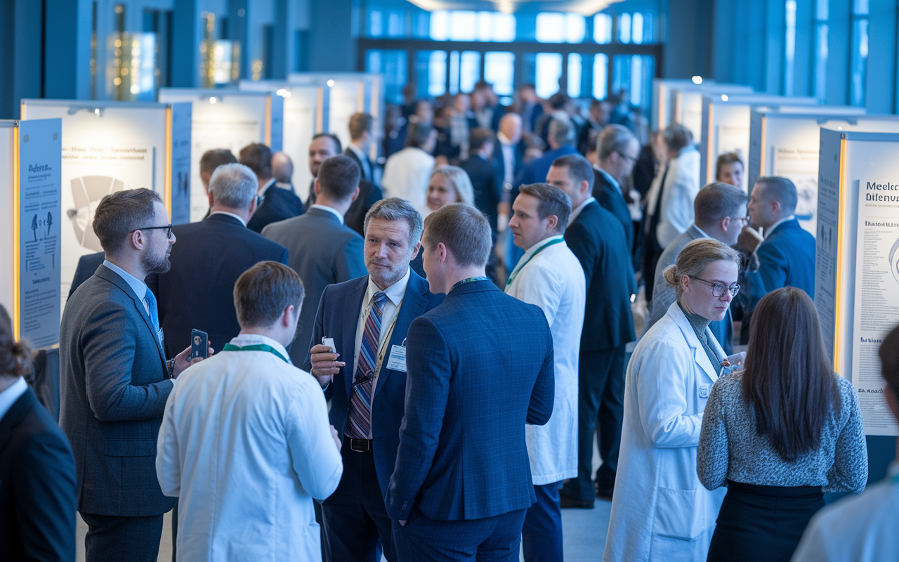 A dynamic conference setting in a healthcare facility where medical professionals are engaged in discussions. The scene highlights IMGs mingling with experienced doctors, sharing insights and exchanging contact information. The atmosphere is filled with an air of collaboration and learning, with posters and medical literature displayed around the room, illuminated by soft, inviting lighting.