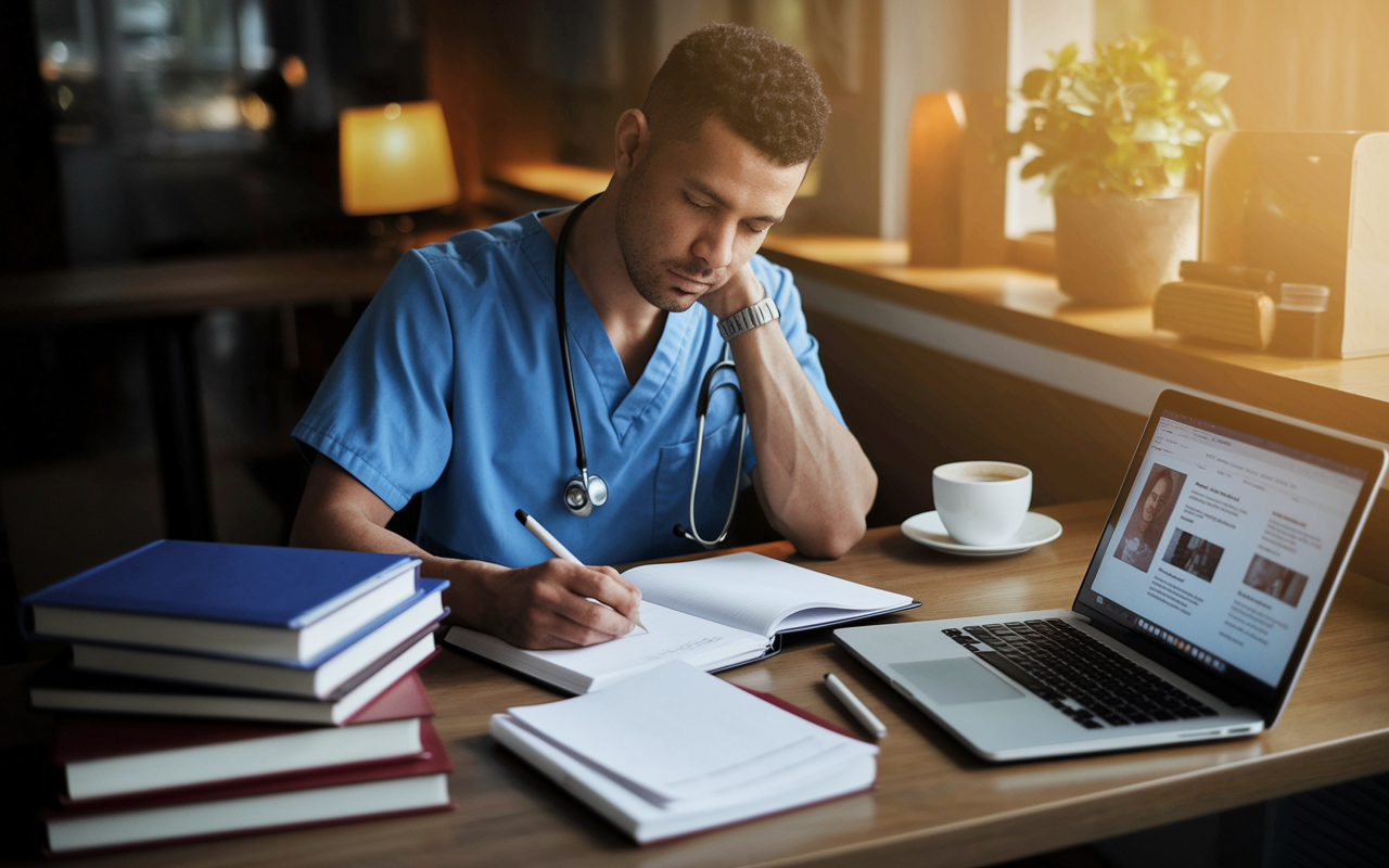 A contemplative scene of a medical intern sitting at a desk in a cozy hospital study area, writing in a journal. The intern appears deep in thought, surrounded by medical books, a laptop displaying articles, and a cup of coffee. The warm lighting creates a thoughtful and introspective atmosphere, symbolizing personal growth and reflection in the medical profession.