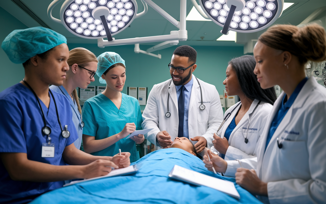 A diverse group of young doctors engaging in a collaborative externship at a hospital, with one IMG performing an assessment on a patient while others observe and take notes. The room is bright with surgical lights, and patient charts are displayed. The atmosphere is lively, filled with a blend of determination and teamwork, emphasizing the importance of learning through practice in a clinical environment.