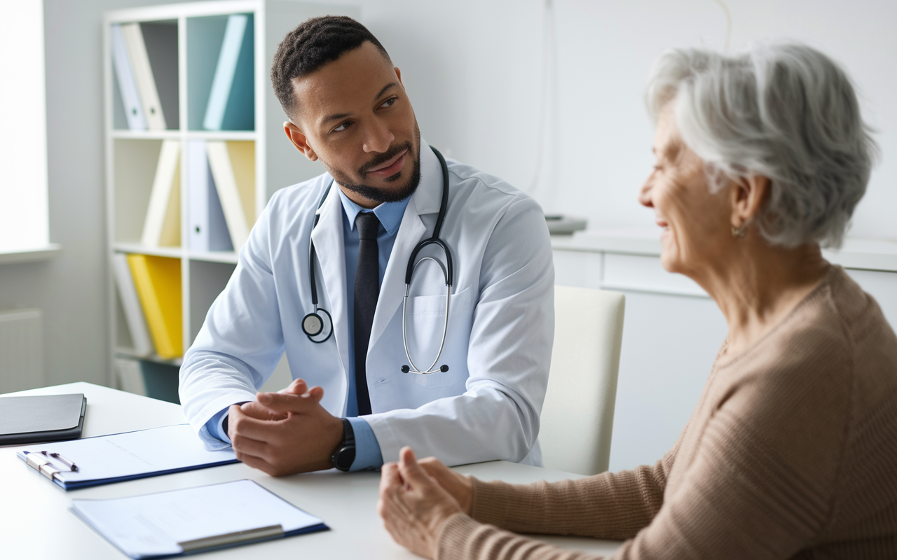 A focused IMG sitting with an elderly patient in a well-lit clinic room, engaging in an empathetic conversation. The doctor’s attentive expression shows understanding, while the patient looks reassured. Surrounding them are medical charts and a clipboard, indicating an ongoing consultation. The overall scene conveys a sense of compassion and professionalism, emphasizing the importance of doctor-patient relationships in clinical training.