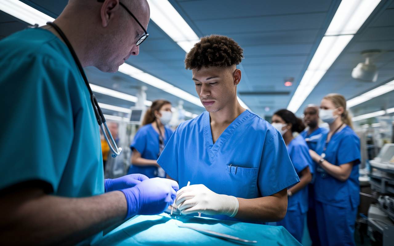 An IMG, a young practitioner in blue scrubs, performing a medical procedure under the guidance of an experienced physician in a busy hospital setting. The scene captures the focus and determination on the IMG's face while the physician provides instruction. Bright fluorescent lighting adds to the realistic hospital atmosphere, with medical equipment and a team of healthcare professionals in the background, symbolizing an intense learning environment.