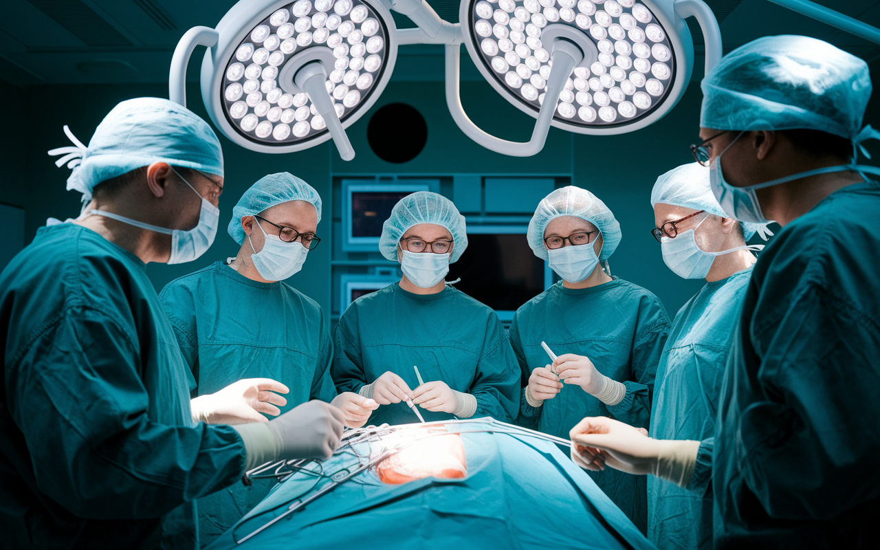 A group of IMGs observing a specialized surgical procedure in an operating room. The scene depicts surgeons focused on the procedure while the IMGs are arrayed in the background, taking notes and chatting among themselves with expressions of fascination. Bright surgical lights illuminate the sterile environment, combining a sense of urgency with an academic atmosphere of learning and observation.