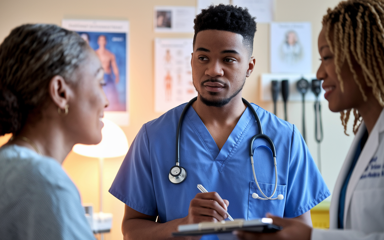 A close-up scene of an International Medical Graduate (IMG) attentively observing a physician during a patient consultation. The setting is a bright examination room with medical charts and equipment visible. The physician, a middle-aged woman with a stethoscope, is attentively listening and engaging with the patient. The IMG, a young man in scrubs, stands slightly in the background, taking notes and absorbing the nuances of the doctor-patient interaction. Warm ambient lighting and a sense of professional dedication in the air.