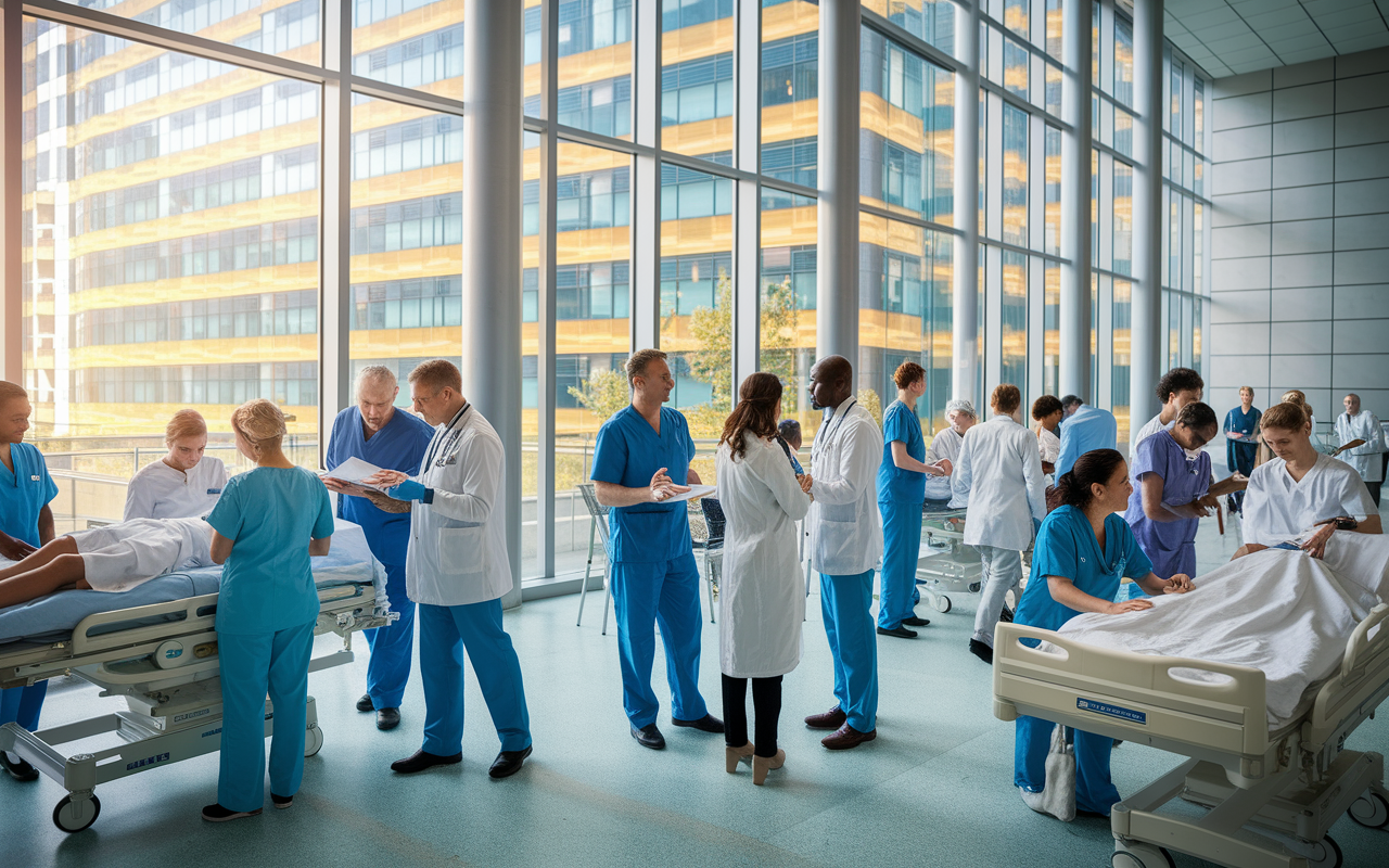 A bustling urban hospital environment showing various healthcare professionals interacting and collaborating. In the foreground, an IMG observes a group of doctors discussing a patient case, while nurses manage patient care nearby. Large windows flood the scene with light, illuminating the interaction among diverse staff and patients. The atmosphere conveys a sense of urgency combined with professionalism, reflecting the challenges and teamwork in medical practice.