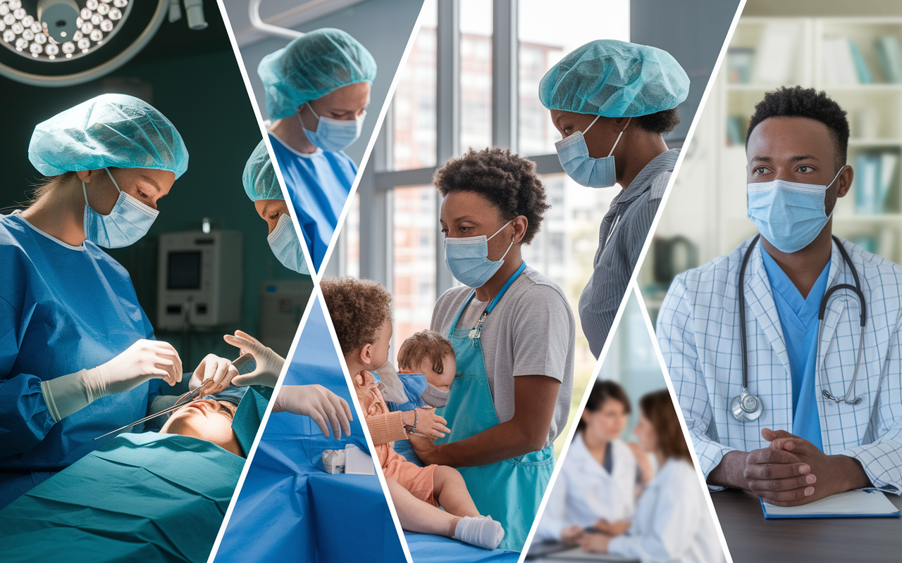 A collage-like scene depicting an IMG engaged in observational learning across different medical specialties. Split into sections: one part shows the IMG in a surgical suite, observing a procedure; another part features them in a pediatric ward, interacting with children; and yet another depicts them in a family practice setting, observing a doctor discussing health with an adult patient. Each scene is alive with activity and vibrant expressions of care.