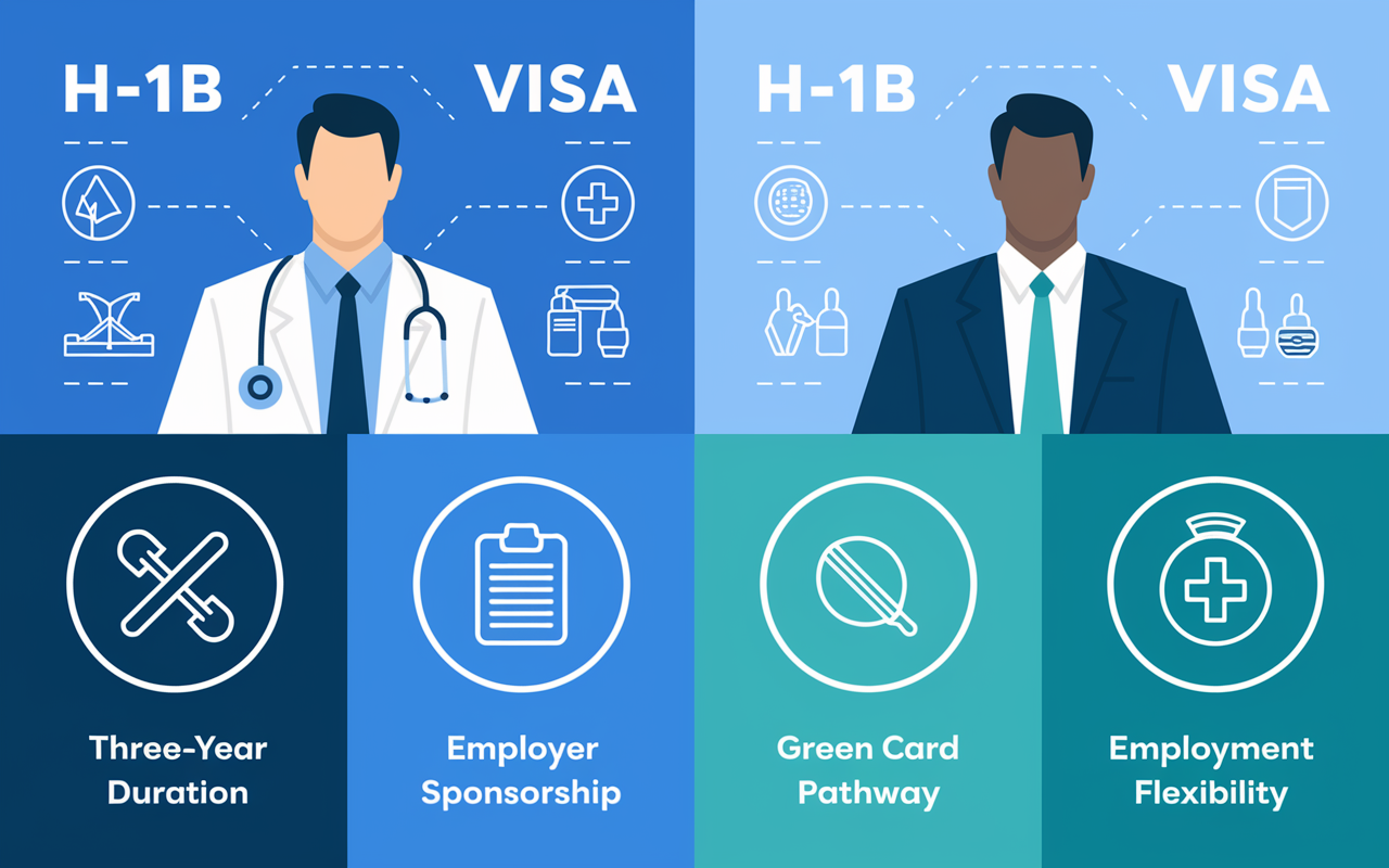 A professional and informative infographic-style image contrasting the features of the H-1B visa, with key points represented via icons and graphics: three-year duration, employer sponsorship, green card pathway, and employment flexibility. Utilize a clean, modern style with a medical background, incorporating colors like blue and green to symbolize healthcare, ensuring legibility and clarity.