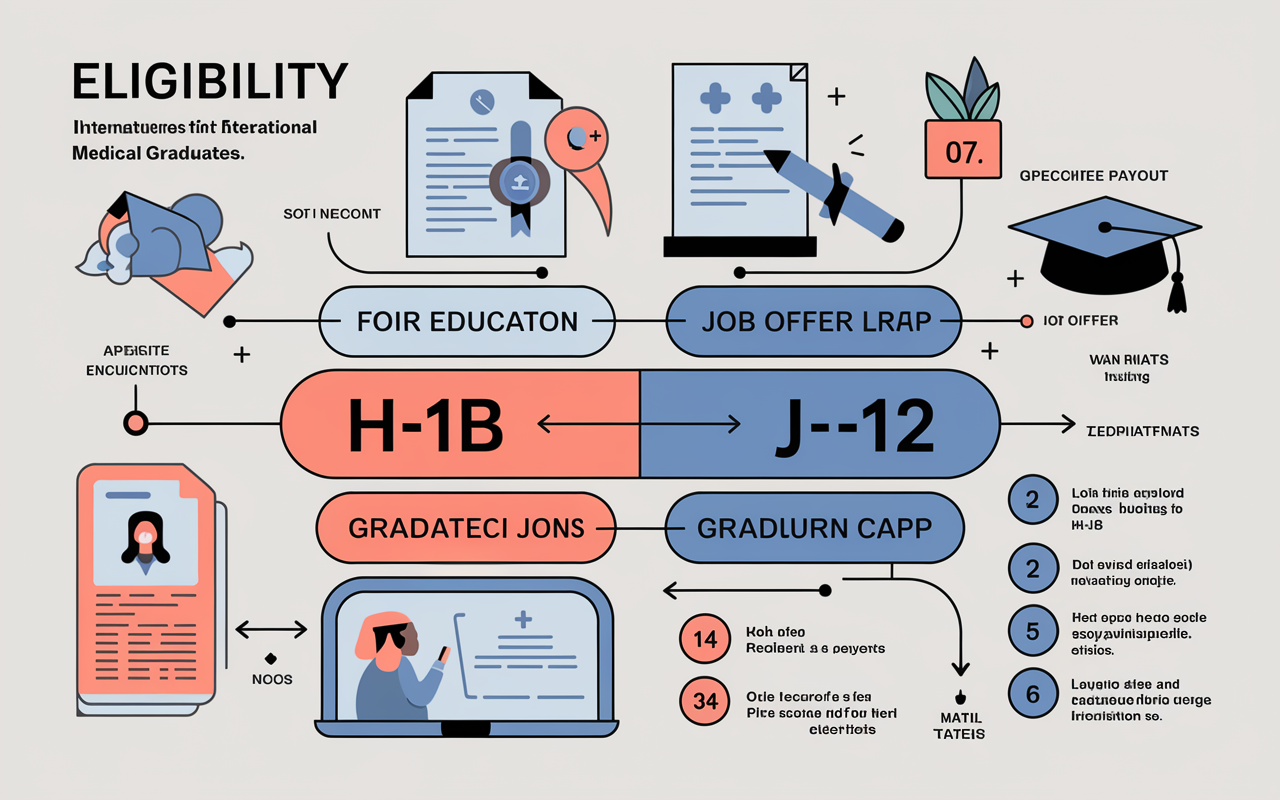 A detailed comparison chart design illustrating the eligibility requirements for H-1B and J-1 visas for International Medical Graduates. Features include icons such as a diploma for education, a job offer letter for H-1B, and a graduation cap for J-1, with arrows indicating specific pathways. A professional layout using soft gradients and a readable font style.