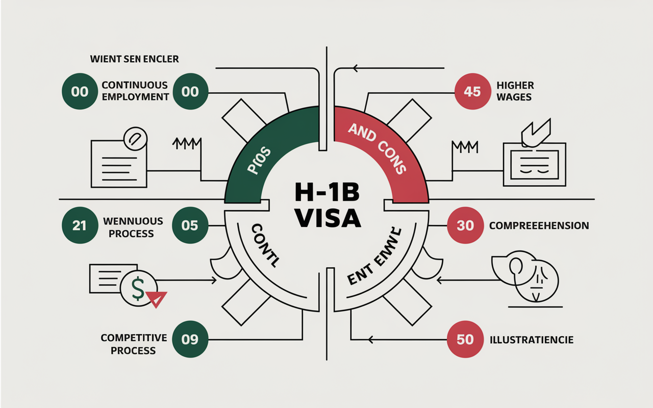 An engaging and visually appealing graphic summarizing the pros and cons of the H-1B visa for IMGs. Include positive elements like 'Continuous Employment' and 'Higher Wages' highlighted in green, alongside negatives like 'Competitive Process' illustrated in red. Incorporate iconography related to employment and visa to enhance comprehension, with a modern design aesthetic.