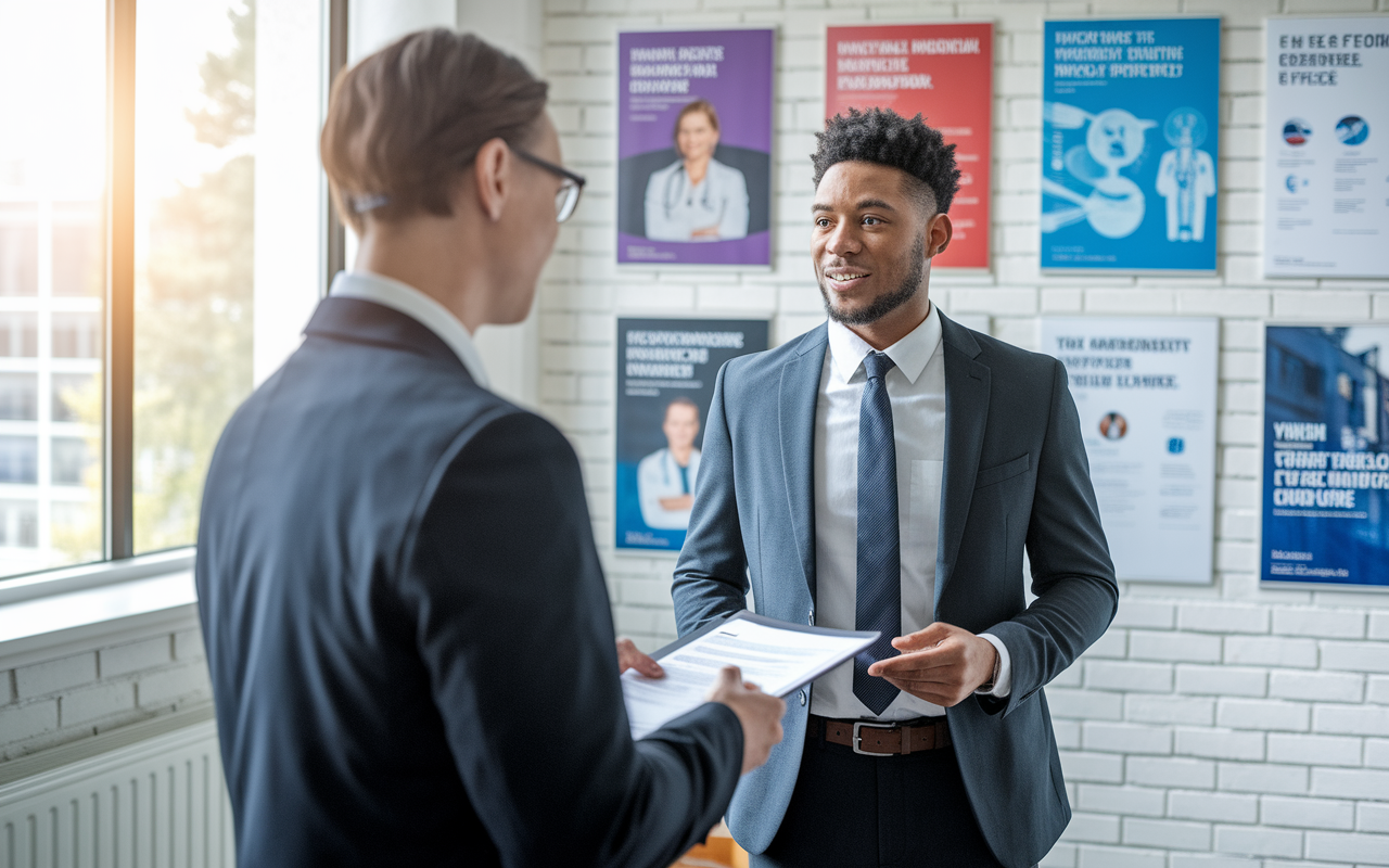 An IMGs in formal attire speaking with an admissions officer in a well-lit university office filled with medical posters and pamphlets. The IMG looks eager, holding a resume, while the admissions officer reviews it with a friendly demeanor. Bright windows allow natural light, suggesting hope and opportunity in the pursuit of medical education.