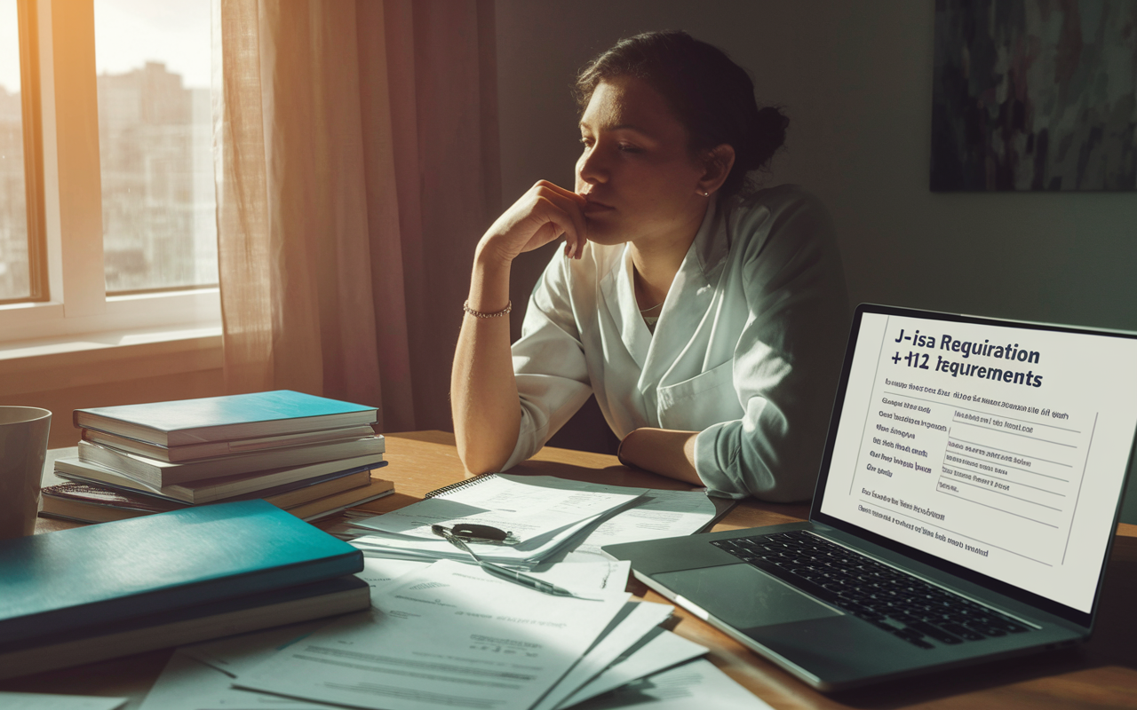 A contemplative medical graduate sitting at a desk cluttered with medical textbooks and visa application papers, a laptop displaying J-1 Visa requirements open in front of them. The lighting is warm, with a window casting soft shadows, creating an atmosphere of determination as they navigate the complexities of their visa process.