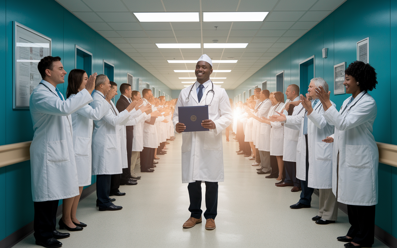 A conceptual representation of the journey of IMGs in the U.S., showcasing an emotional scene depicting a medical graduate standing proud in a white coat, holding their diploma in a hospital corridor filled with fellow physicians celebrating. Bright clinical lights reflect hope and accomplishment, symbolizing the culmination of hard work and dedication in pursuing a medical career in the United States.