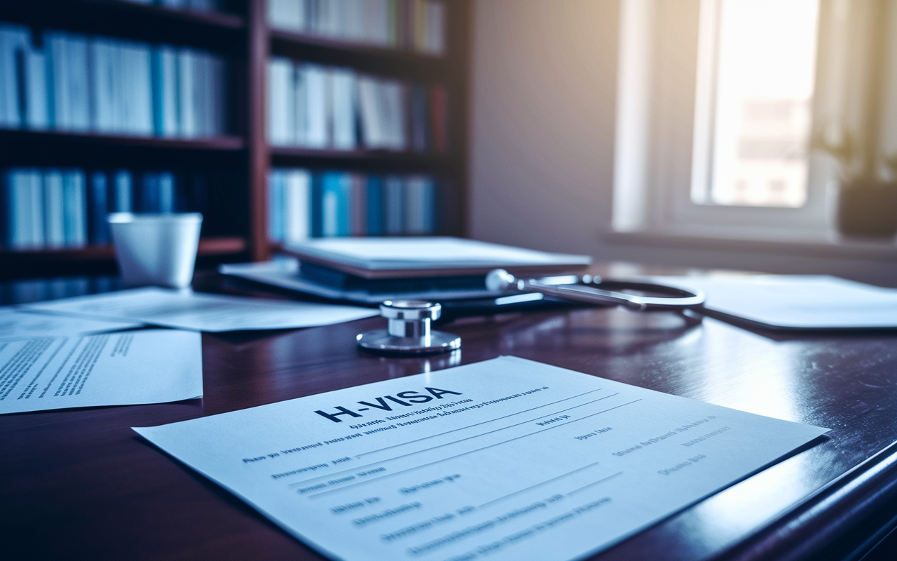 A close-up view of an H-1B visa document centered on a polished wooden desk. Surrounding the visa are scattered medical qualifications and a stethoscope, symbolizing a medical professional's journey. The desk is softly illuminated by natural light filtering through a nearby window, creating a serene atmosphere. The background shows the blurred outlines of medical bookshelves, hinting at the academic challenges faced by IMGs.