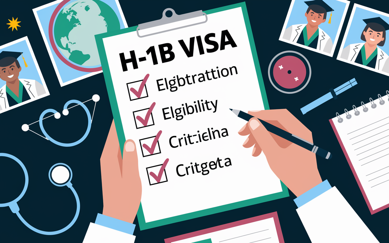 An illustration of a checklist with items checked off, representing eligibility criteria for the H-1B visa. The checklist is on a doctor's desk surrounded by medical tools, including a sphygmomanometer and a prescription pad. Bright, inviting colors symbolize optimism, with background images featuring a globe and medical graduating individuals, suggesting global opportunity for IMGs.