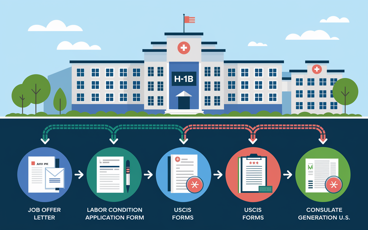 A stylized infographic illustrating the step-by-step process of obtaining an H-1B visa. Each stage is depicted with relevant icons: a job offer letter, a labor condition application form, USCIS forms, and a consulate building. Vibrant colors with connecting lines showing the progression, all set against a backdrop of a medical facility, highlighting the journey of IMGs from job offer to practicing in the U.S.