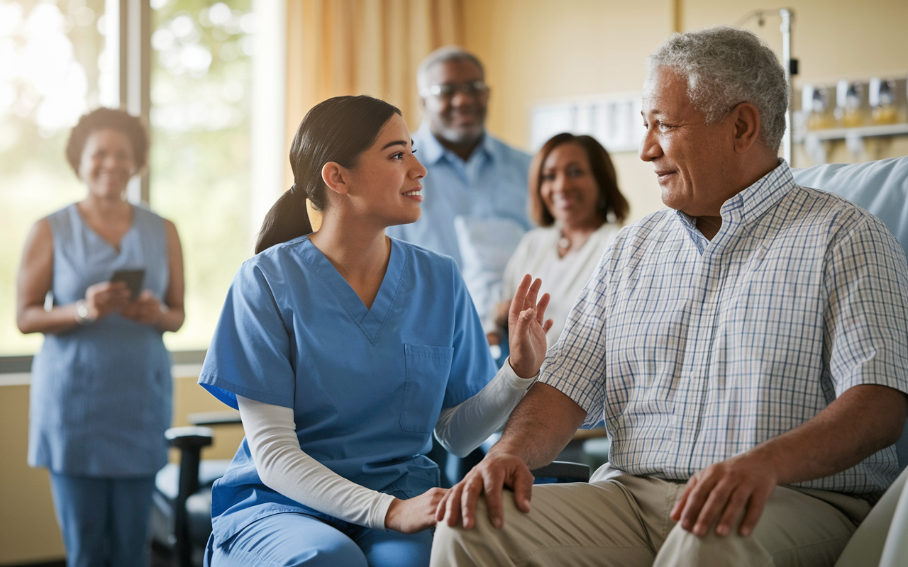 A warm and inviting hospital room scene where a future physician, a young Hispanic woman in scrubs, is sitting with a middle-aged male patient, displaying active listening and empathy. The patient looks relieved as he discusses his concerns. The background shows supportive family members, and soft natural light streaming in through a window reflects a sense of hope and trust in the healing process.