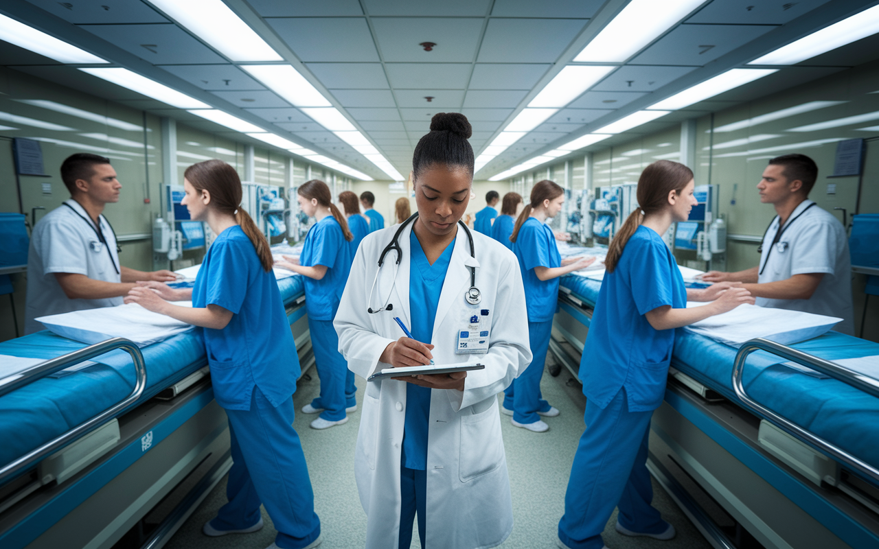 A future physician shadowing a doctor in a bustling hospital emergency room, observing the fast-paced environment. The scene shows the physician's focused expression as they take notes. Surrounding them are other healthcare professionals in action, attending to patients, reflecting the high-energy atmosphere of teamwork and collaboration, enhanced by bright fluorescent lights and medical equipment.