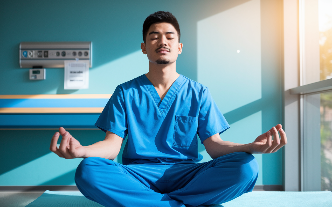 A young volunteer, a South Asian male in scrubs, taking a moment in a quiet hospital break room. He practices mindfulness with a calm expression, surrounded by reminders of his busy day. Sunlight filters through the window, casting a soothing glow, symbolizing the peace found in the midst of chaos.