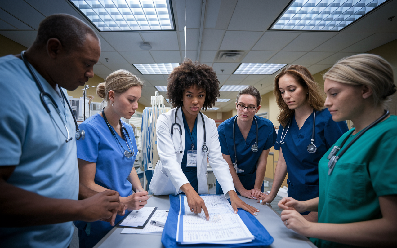 An intense scene in a hospital emergency department where a group of future physicians collaborates on a patient case. A young Black woman is pointing to a patient chart while a diverse group of volunteers discusses options, demonstrating teamwork and critical thinking. The room is filled with medical equipment and charts, under strong overhead lights that create a sense of urgency and focus.